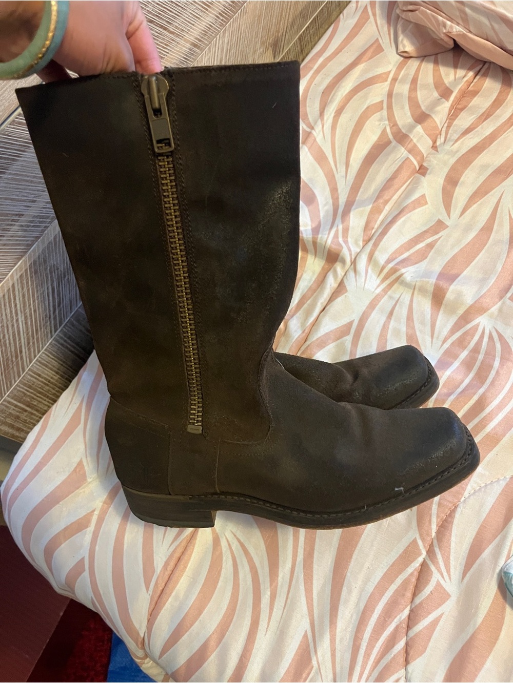 Frye 77281 Heath Outside-Zip Suede Motorcycle Boots Women's Sz. 7.5 Oiled